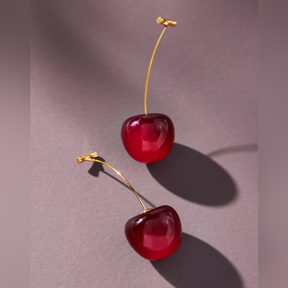 ANTHROPOLOGIE 🍒 NWOT Cherry Drop Earrings Deep Red Gold Fruit Shaped Jewelry